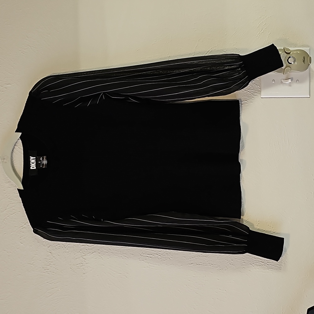 DKNY black ribbed sweater with sheer pinstripe sleeves